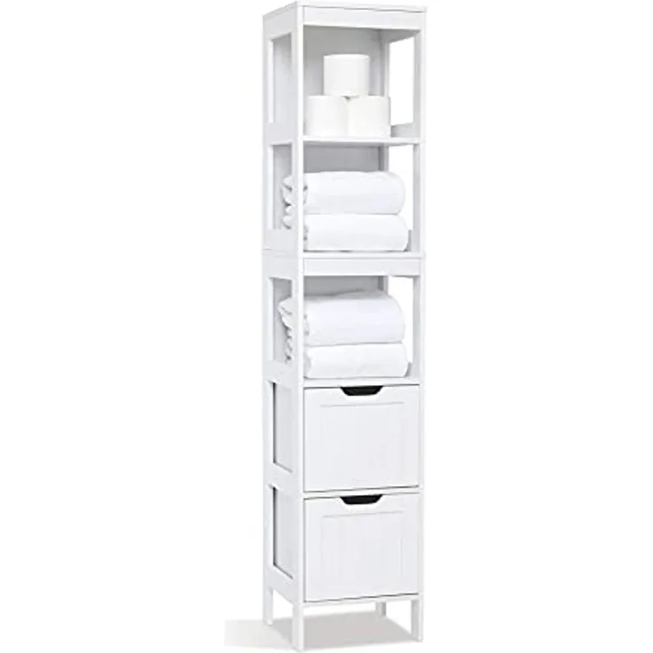 Meerveil Badschrank Hochschrank, Badezimmerschrank Schmal mit 2 Schubladen und 3 offenen Regal, 30 x 30 x 144 cm Weiß Lack Badmöbel aus MDF, für Badezimmer Küche Wohnzimmer