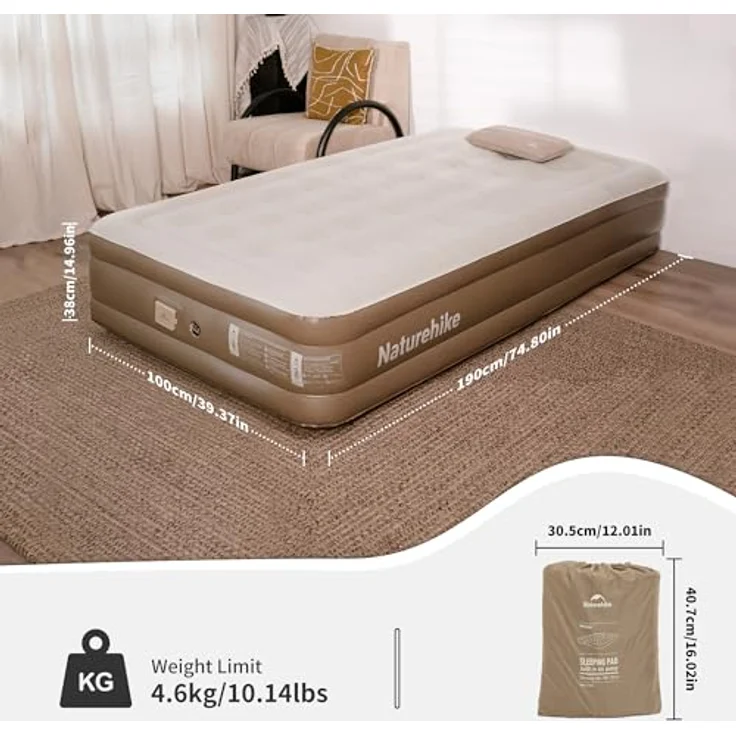 Naturehike Luftmatratze 1 Personen Selbstaufblasend mit Akkupumpe - Aufblasbares Gästebett 190x100x38cm für Camping & Zuhause, Leicht, Bequem und Schnell aufblasbar – Bild 2