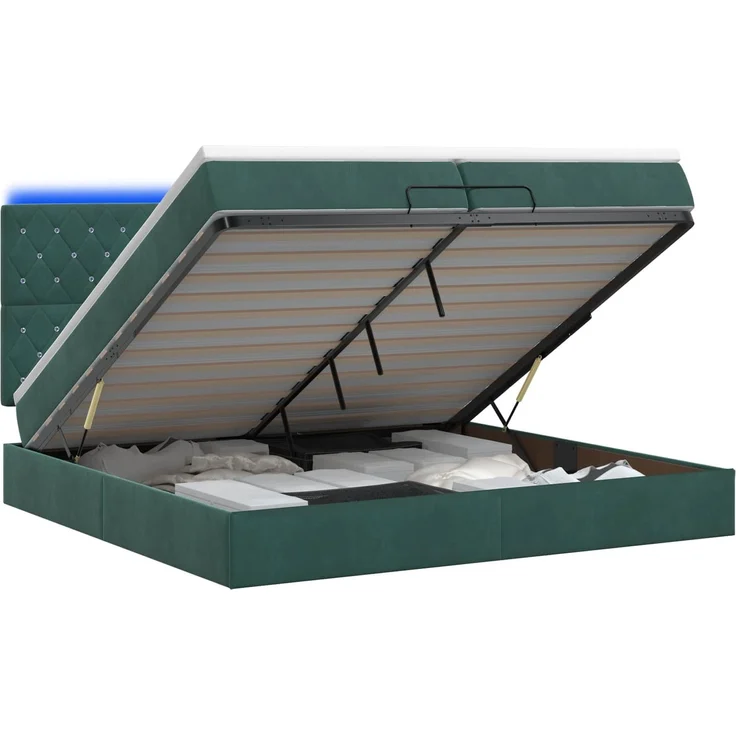 vidaXL Ottoman-Bett mit Matratze und LED Dunkelgrün 200 x 200 cm Samt 3458256 – Bild 2