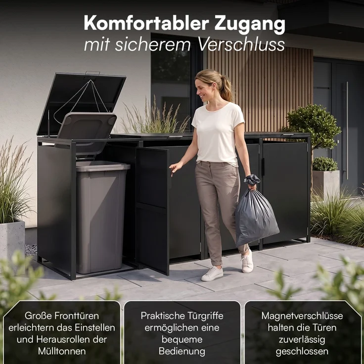 STEELSØN 'Thoria' Mülltonnenbox 4er je 240 Liter, graphitschwarz, Mülltonnenverkleidung aus Stahl, wetterfest, 116x80x268 cm, Müllbox für 4 Tonnen – Bild 5