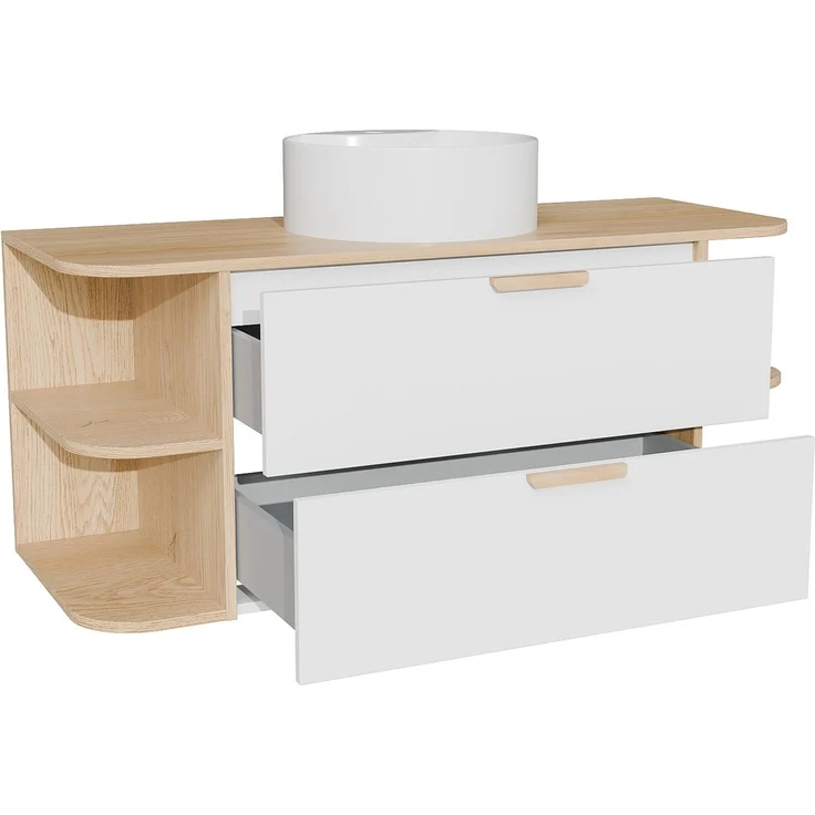 Vente-unique - Waschbeckenschrank hängend mit Nischen und rundem Aufsatzwaschbecken - Weiß und Naturfarben hell - B120 cm AVORELI – Bild 5