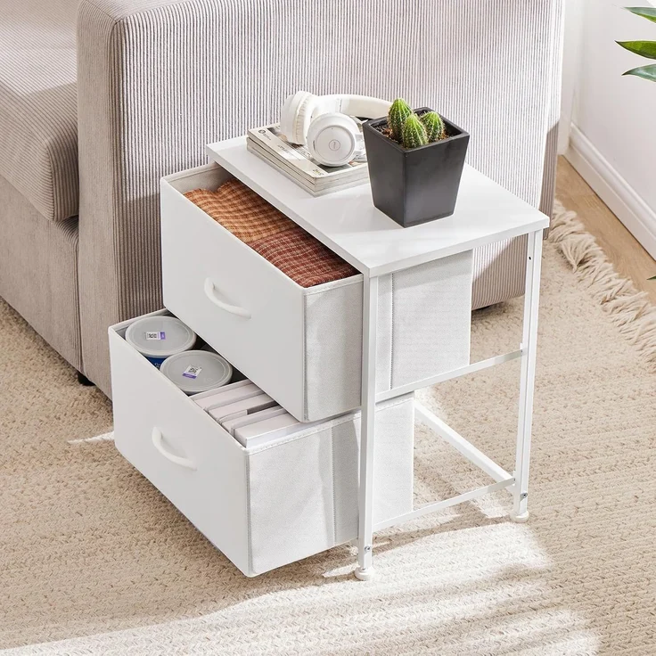 Sweetcrispy Nachttisch 2er Set, Nachttisch Beistelltisch, Stoff Schubladenschrank, Schmal Schrank, Kommode Schlafzimmer, Industrial Stil für Wohnzimmer, Kinderzimmer, Flur Aufbewahrungsschrank, weiß – Bild 4