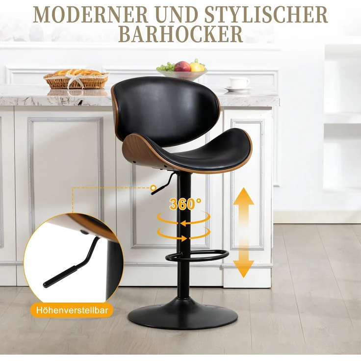 LVHOM Barhocker 2er Set, Höhenverstellbarer Barstuhl mit Bugholz-Rückenlehne und Fußstütze, drehbare Küchenhocker, gepolsterter Tresenhocker aus PU-Leder, Schwarz – Bild 4