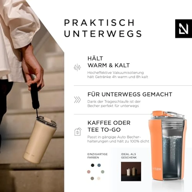 LARS NYSØM Thermo Kaffeebecher to go mit Trageschlaufe & Tritan Deckel | Travel Mug 0,38 Liter mit Vakuumisolierung | Auslaufsicherer Edelstahl Thermobecher für Café & Tee (Pumpkin Orange, 380ml) – Bild 2