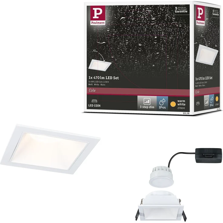 LED Einbauleuchte 3-Step-Dim Cole Coin 1er-Set IP44 eckig 88x88mm Coin 6W 470lm 230V dimmbar 2700K Weiß – Bild 7