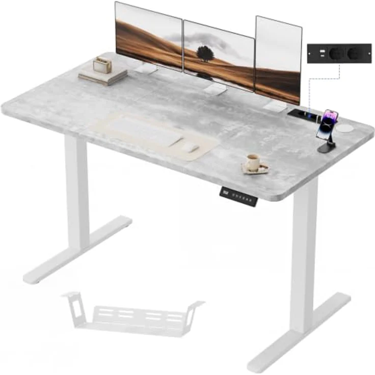 JUMMICO Höhenverstellbarer Schreibtisch 140x60 cm mit Steckdose | Schreibtisch Höhenverstellbar Elektrisch Stehtisch, Steh-Sitz Tisch, Bürotisch Computertisch für Home Office, Steingrau – Bild 1