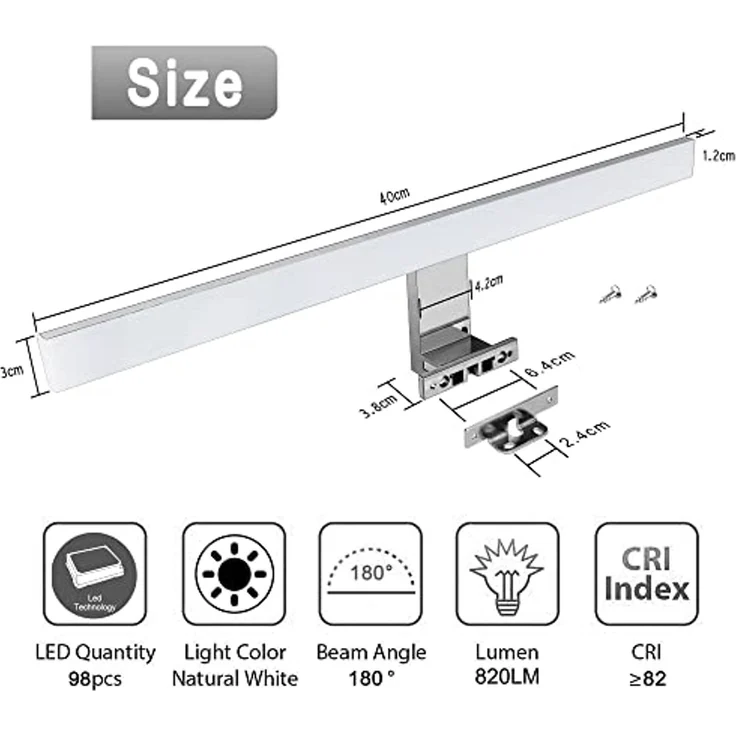Aourow LED Spiegelleuchte Bad Spiegel Lampe 10W 820lm 40cm Neutralweiß 4000K,3 in 1 Spiegellampe Badezimmer/Badleuchte/IP44 230V,Nickel Chromstahl LED Schrankleuchte – Bild 2