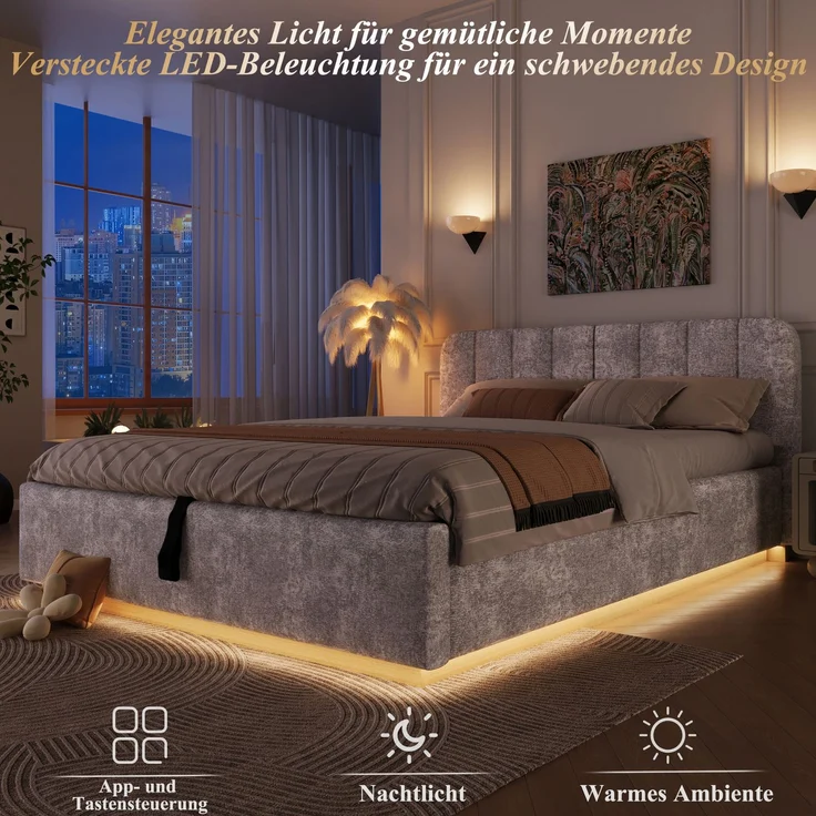 Polsterbett, Doppelbett, 140 x 200 cm, Bett mit Lattenrost, Kopfteil,Gepolstertes Kopfteil,Hydraulische Lagerung, Mit LED-Lichtleiste, Ohne Matratze, Hellgrau Chenille – Bild 5
