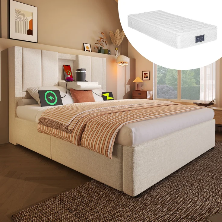 Einzelbett mit Klapp-Kopfstütze & Ladestation, Leinen, 90x200 cm, Beige, mit Matratze – Bild 1