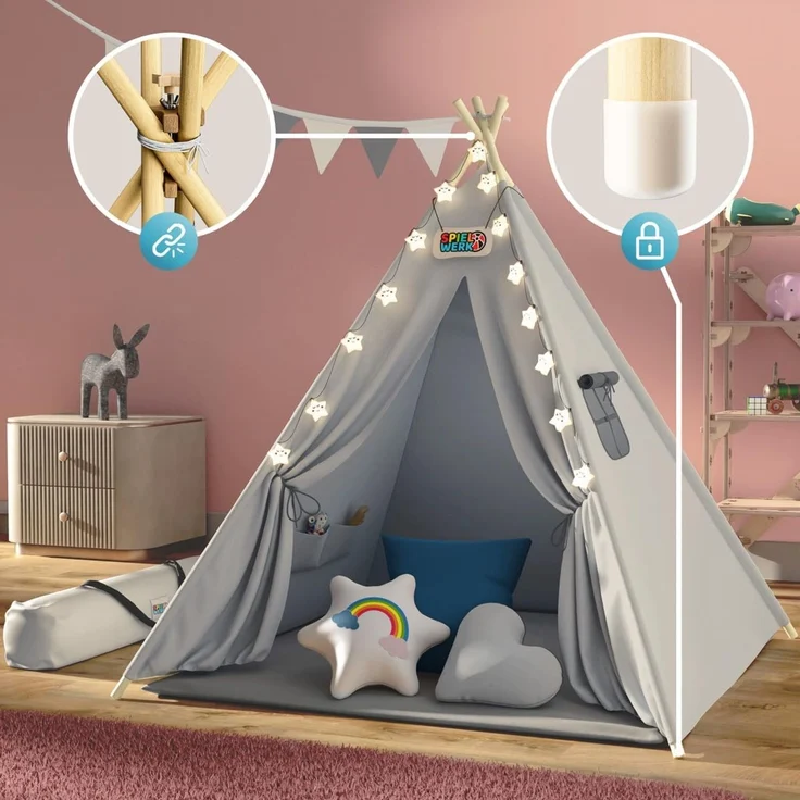 Spielwerk Kindertipi mit Lichterkette, Bodenmatte & Kissen, Baumwolle grau, 120 x 120 x 160 cm – Bild 4