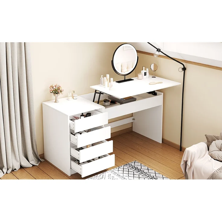 ZUBALIYA 120×50×78–92cm, höhenverstellbarer Schreibtisch mit 4 Schubladen – weißer Schminktisch und Computertisch in einem, mit manueller Höhenverstellung und verstecktem Stauraum, Schreibtisch, Schminktisch – Bild 18