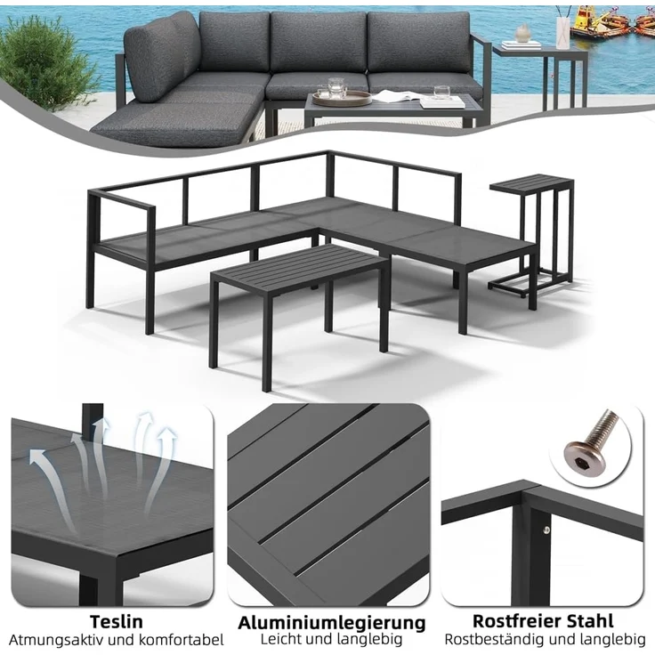 Mucola Sitzgruppe Aluminium Ecksofa mit Beistelltisch Lounge wetterfest Grau Tisch Balkonmöbel Terrasse Outdoor-Möbel – Bild 7