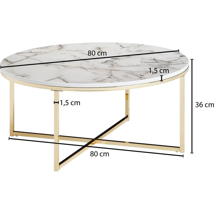 Couchtisch Rund 80x36x80cm Marmoroptik Weiß Metallgestell Wohnzimmer – Bild 8