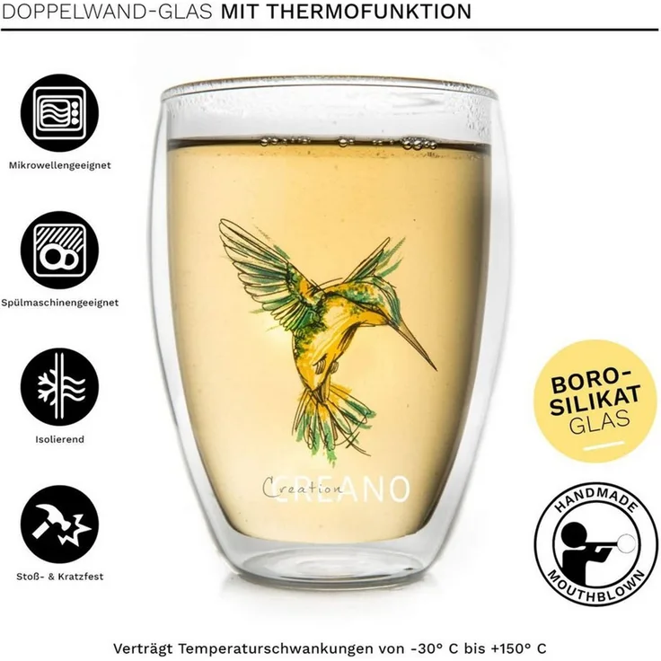 Creano Teeglas Tee-Glas, Latte Machiato, Thermobecher Kolibri Grün, 250ml, Borosilikatglas, 1x bedrucktes Glas