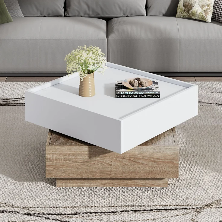 Couchtisch mit Aufbewahrungsschublade, drehbare Tischplatte, modernes Design Weiß & Walnuss, quadratischer Wohnzimmertisch – Bild 3