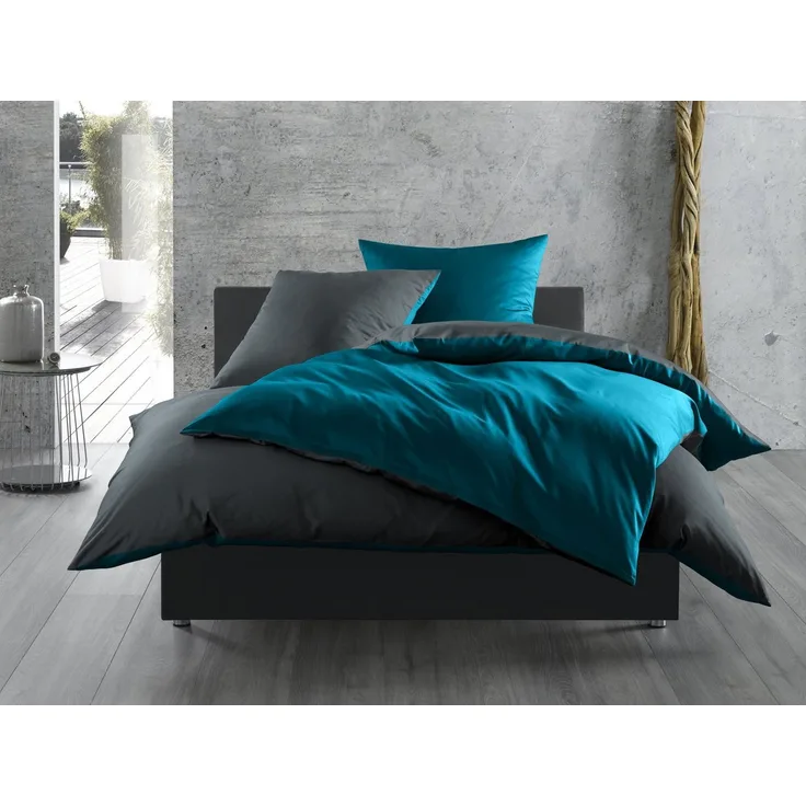 Mako Satin Wende Bettwäsche petrolblau anthrazit 155x220 + 80x80