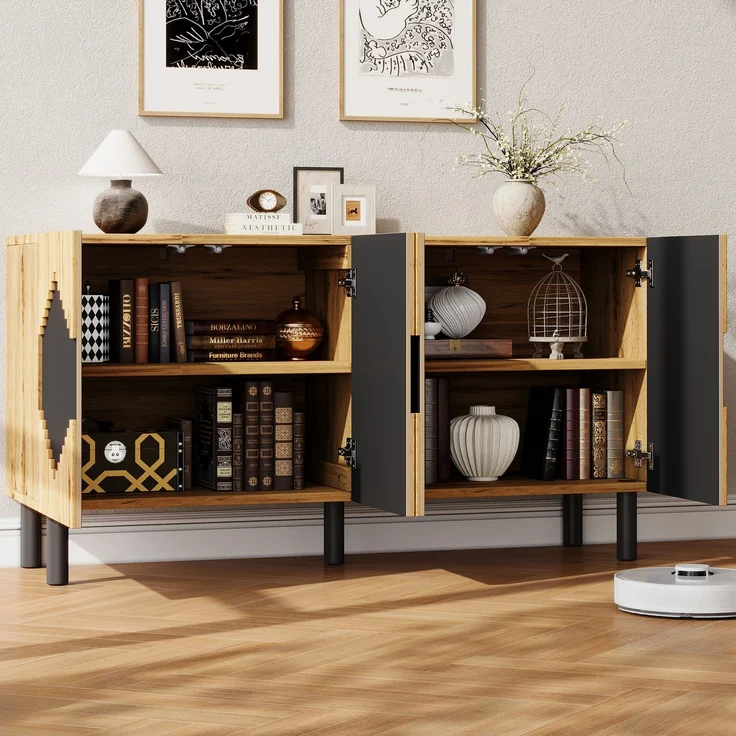 ZUBALIYA Sideboard 140x40x70 cm, mit 2 Türen, aus MDF / Spanplatte, Natur / Schwarz – Bild 8