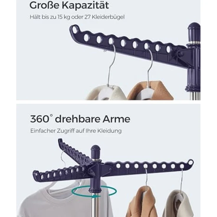 SONGMICS Wäscheständer, Standtrockner, 3 drehbare Armen für Kleiderbügel, Wäschespinne, 4 Beine, für Innenbereich, Edelstahl, für bis zu 27 Kleidungsstücke, 150 cm hoch – Bild 4