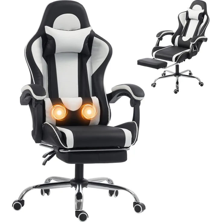 Ergonomischer Massage-Gaming-Stuhl mit verstellbarem Lendenkissen, 67.0×60.0×131.0cm, Weiß, MELAYR