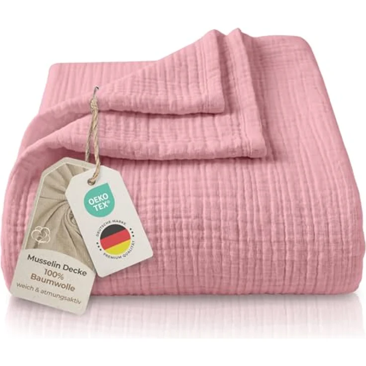 LAYNENBURG Premium Musselin Tagesdecke 180x220 cm - 100% Baumwolle - extraweiche Baumwolldecke als Kuscheldecke, Bett-Überwurf, Sofa-Überwurf, Couch-Überwurf - warme Sofa-Decke (Altrosa) – Bild 2