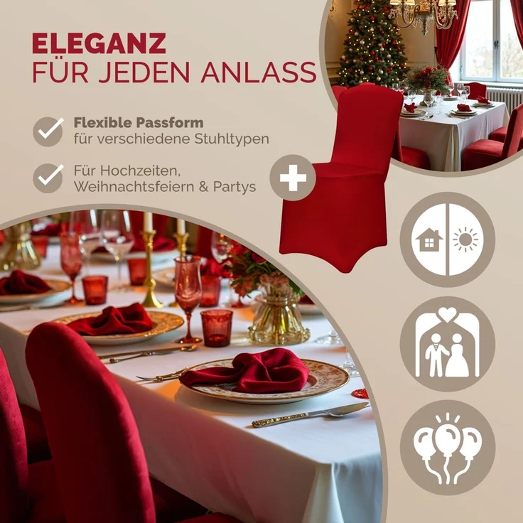 DETEX® 10er Set Stuhlhussen Stuhlbezug Stretch Bordeaux Rot Weihnachten – Bild 2
