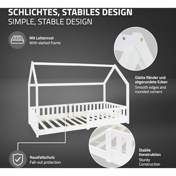 ML-DESIGN Kinderbett Hausbett mit Rausfallschutz, Dach und Lattenrost Massivholz, Bett 90x200 cm Weiß mit Matratze 10cm für Mädchen Jungen Holzbett – Bild 6