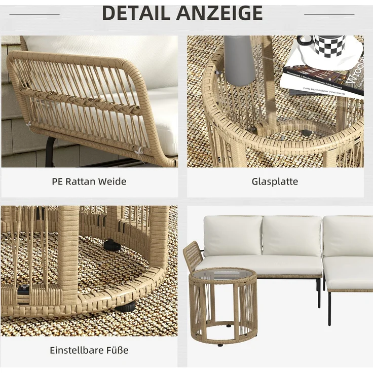 Rattan Gartenmöbel-Set Gartengarnitur mit Liegestuhl, Couchtisch, Zweisitzer & Creme Sitzkissen für Terrasse & Balkon--Cremeweiß--122x79x75cm--YOUDENOVA – Bild 6