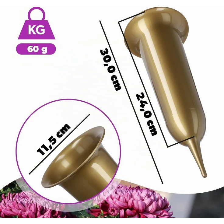 KADAX Vase Fläschchen für den Friedhof 31 cm Künstliche Blumen Gehämmerte Spitze Gold – Bild 3