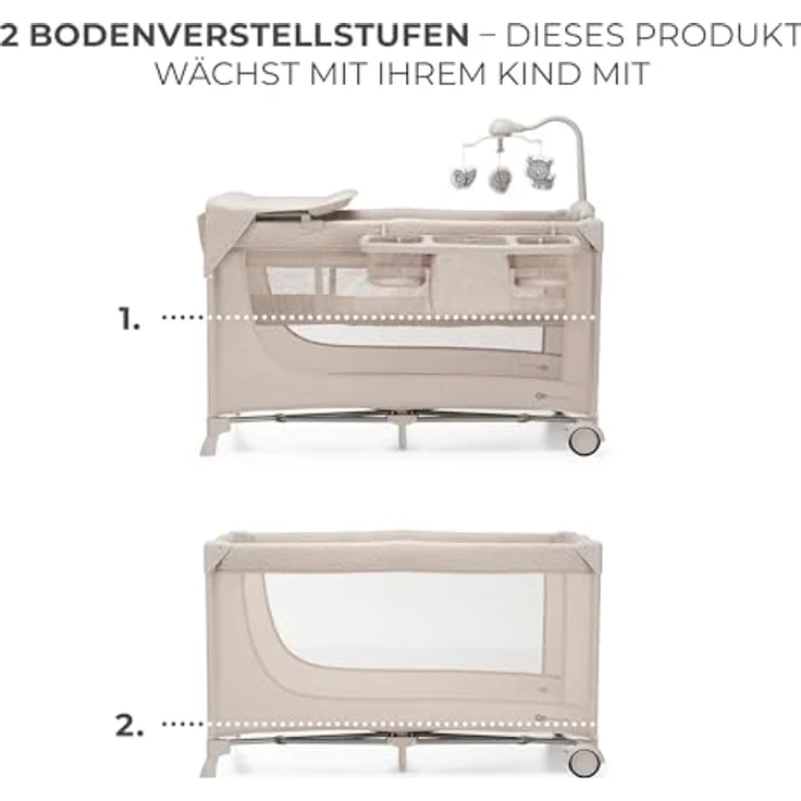 Kinderkraft Joy 2 Acc Kinderbett, 3 in 1 Kinderreisebett, Babybetten, Kinderbett, Reisebett, Modernes Design, Kleine Abmessungen nach Zusammenklappe, Praktisches Zubehör, Räder, Beige – Bild 6