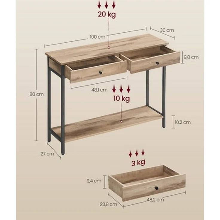 Vasagle Konsolentisch, Flurtisch, Beistelltisch, Sofatisch mit 2 Schubladen, Stahlgestell, Flur, Wohnzimmer, Industrie-Design, kamelbraun-tintenschwarz LNTDE015W01 Konsole – Bild 5