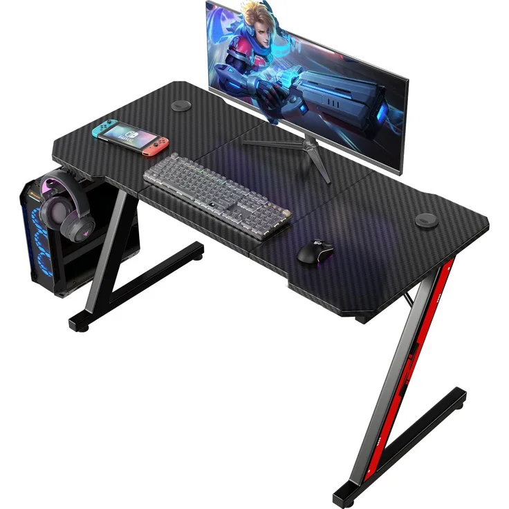 Devoko Gaming Tisch 120x60 cm, Z-Frame Gamer Schreibtisch mit Kopfhörerhaken & Getränkehalter, Kohlebeschichtung Ergonomischer PC Computertisch, Stabiler Tisch