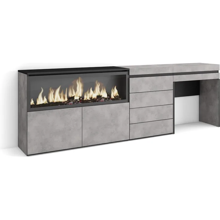 Skraut Home | Schminktisch | Frisiertisch mit Stauraum | 234 x 75 x 35 cm | mit Schublade | Elektrokamin XXL | Kommode mit Schubladen | Moderner Stil | Zement
