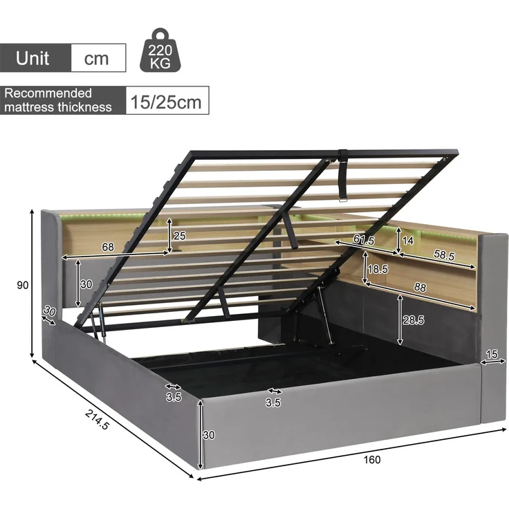 Daybett 140x190 cm mit hydraulischem Stauraum, Polsterbett, Tagesbett, Schlafsofa mit LED, USB & Rückenlehne, Samt, grau – Bild 4