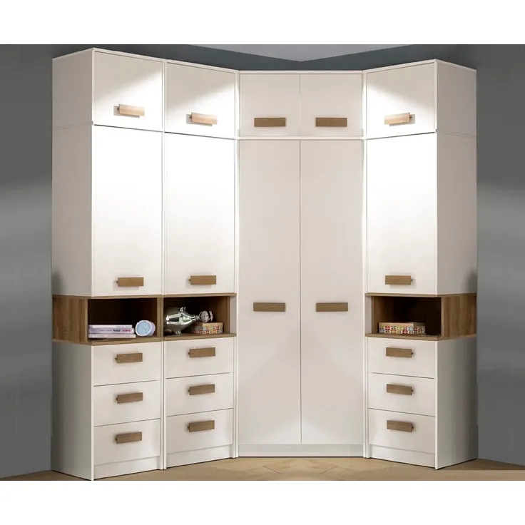 Marmex Möbel Grant Set-34B Eck-Kleiderschrank-Set, hoher Kleiderschrank, geräumiger Kleiderschrank mit Regalen und Schubladen, laminierte Spanplatte, weiß + riviera Eiche, 195/143x235x40 cm