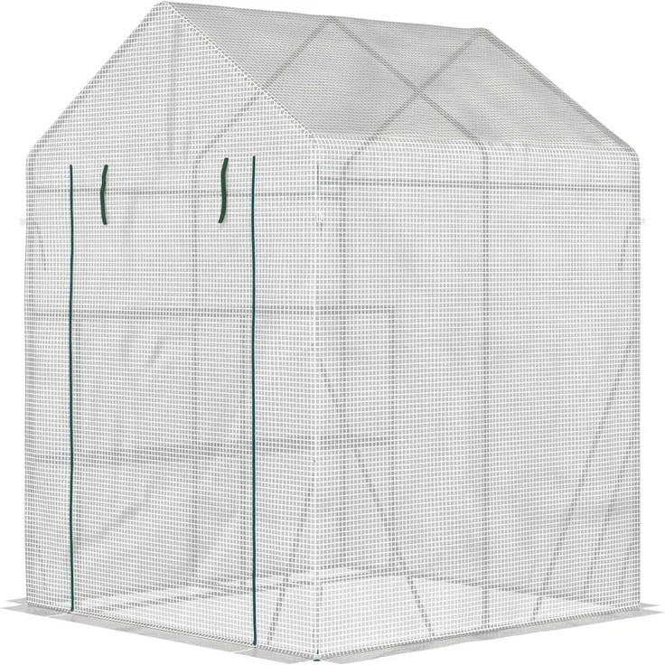Wohnora-Gewächshaus aus Polyethylenfolie mit zwei Regalböden, Balkongewächshaus, verstärkter 140 g/m²-Folie, Stahlrahmen, aufrollbarer Reißverschlusstür, für Gemüse, Pflanzen und Blumen, 143 x 143 x 195 cm, weiß,H 1950cm x T 1160cm x B 1430cm – Bild 4