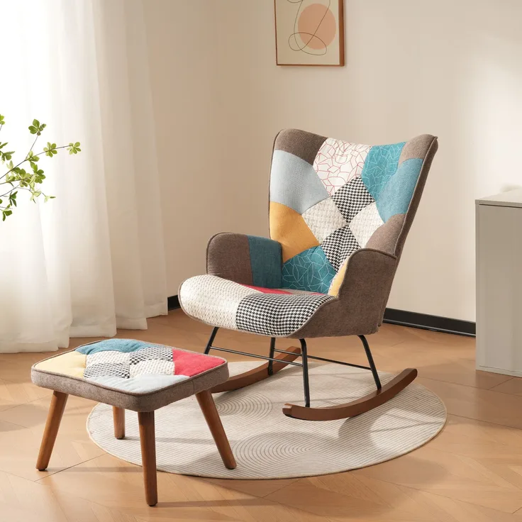 Patchwork Schaukelstuhl mit Fußhocker-Set, 88,5x69,5x50 cm & 28x50x39,5 cm, bunt