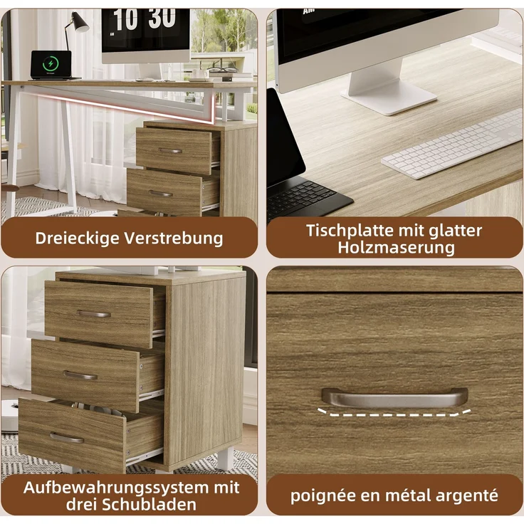 Schreibtisch 130x55x75 cm mit 3 Schubladen, MDF in Naturholzoptik und weißem Stahlrahmen – Bild 8