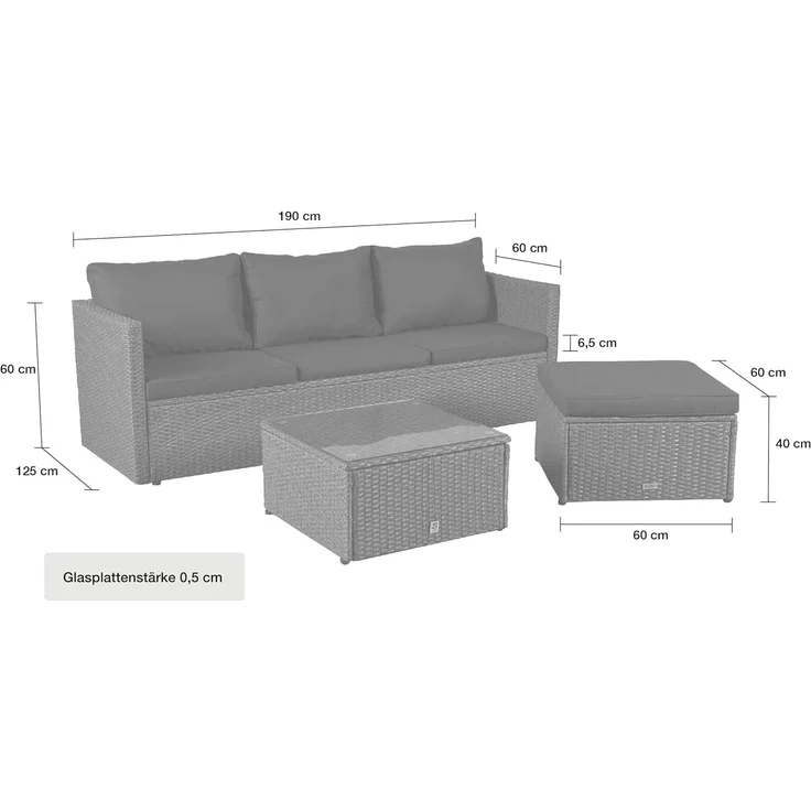 LC Garden Gartenlounge-Set Loungino« Poly Rattan Balkon Lounge Set Sofa + Hocker +Tisch Set, (Loungeset, 3-tlg, Set 3 tlg), Polsterung: Schaumstoff (waschbar bei 30 Grad) – Bild 3