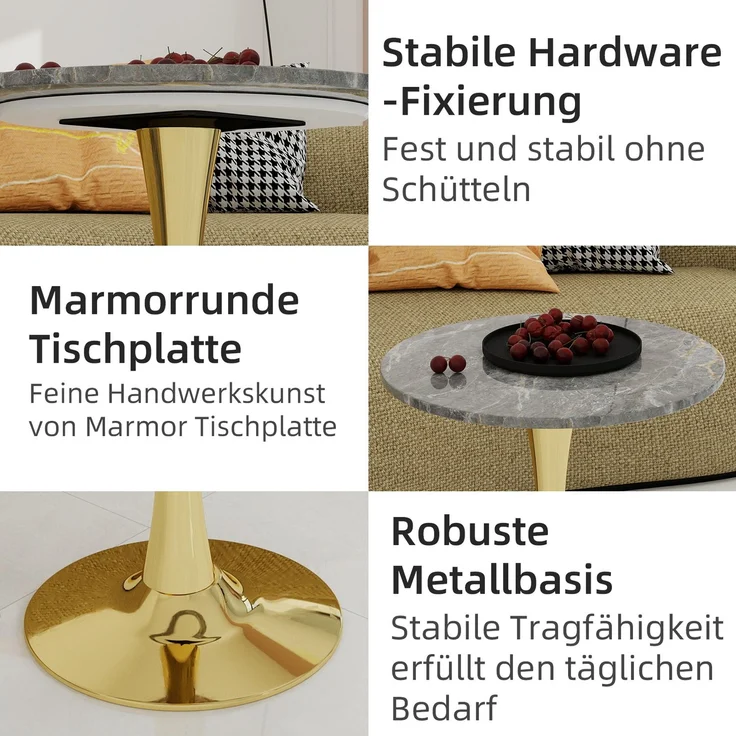 Novelux Couchtisch Gold Runder Esstisch Marmoroptik Dunkelgrau, Mid-Century Tisch 70cm für 2-4 Personen, Kaffeetisch Wohnzimmertisch – Bild 3