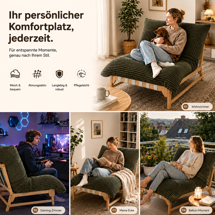 LVHOM XXL Relaxsessel mit Massivholz-Rahmen, Polstersessel Cord mit Memory-Schaum, ergonomischer Loungesessel, Fernsehsessel für Wohnzimmer, Grau – Bild 7