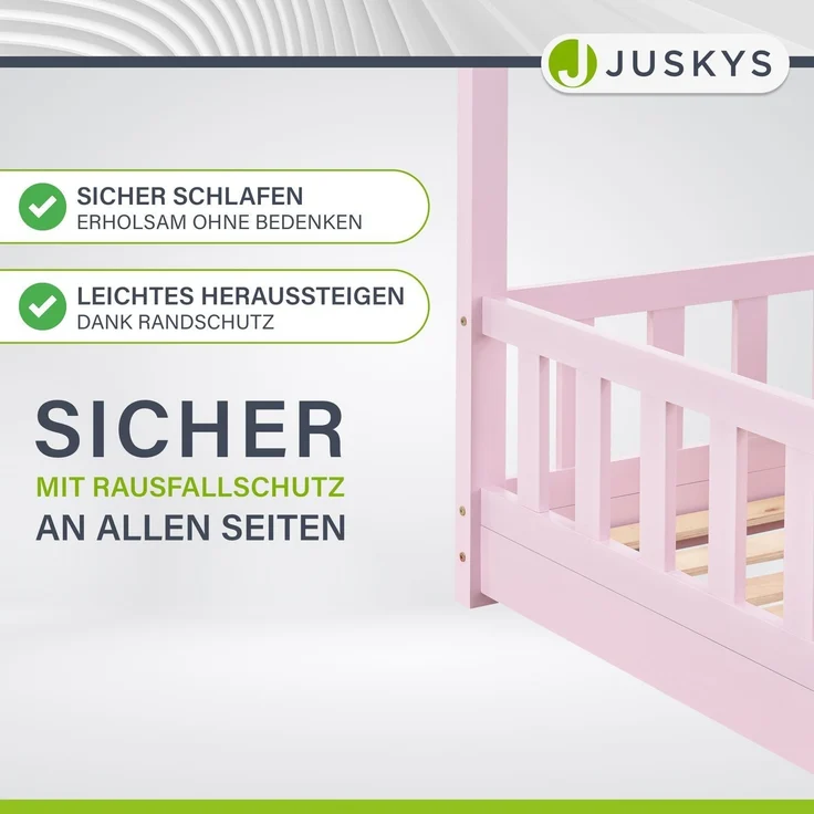 Juskys 'Marli' Kinderbett, mit Matratze, Rausfallschutz, Lattenrost & Dach - Massivholz Hausbett für Kinder - Bett in Rosa, 80x160 cm – Bild 2