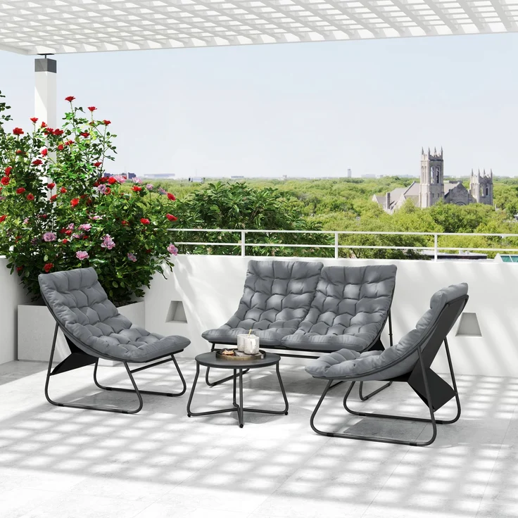 4-Sitzer Gartenmöbel-Set, 2 Stühle, 1 Doppel-Sofa, 1 Tisch, dicke Kissen, Stahlrahmen, für Terrasse, Grau--Grau--122x87x85cm--YOUDENOVA – Bild 10