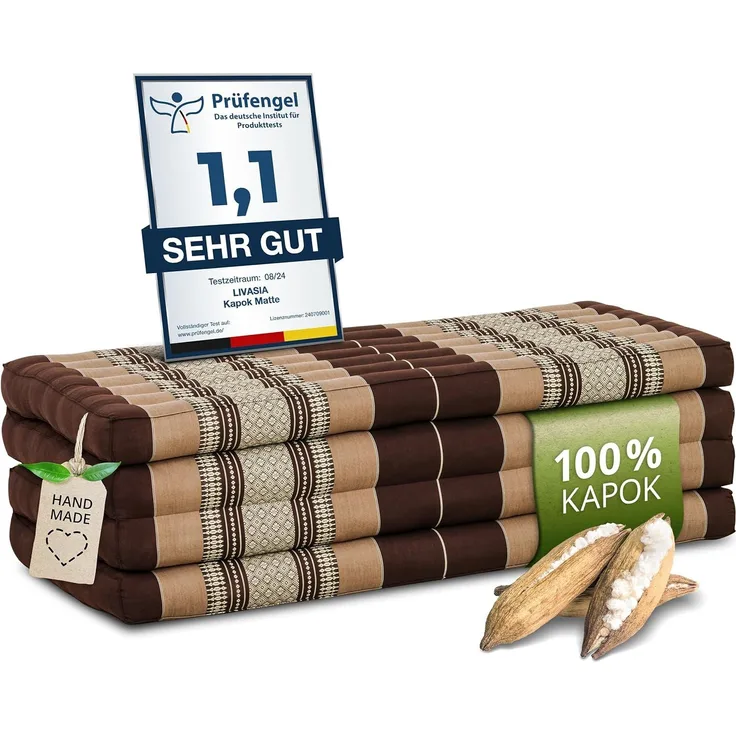 Nachhaltige Klappmatratze aus Kapok, breite Gästematratze vierteilig, Faltbare Matratze, ökologische Yogamatte, klappbares Gästebett, Liege für Garten und Balkon 200 x 110 x 8 cm (Braun)