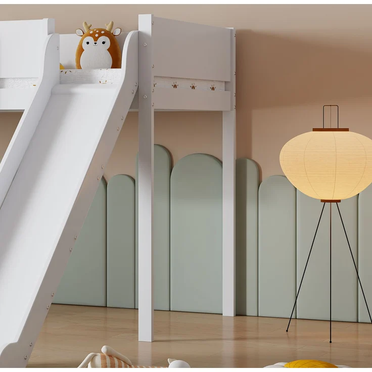 Hochbett Kinderbett 90x200 mit Rutsche, Leiter und Regal, aus Kiefer MDF, Etagenbett Jugendbett, weiß-natur – Bild 3