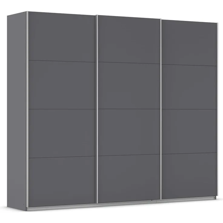 Rauch Möbel Kulmbach, Kleiderschrank mit Schwebetüren für Schlafzimmer, Kinderzimmer, Garderobe, Flur, 3-türig, mit Soft-Close-Funktion, Zubehör Premium, Farbe Grau metallic, Schwarz, Breite 271 cm