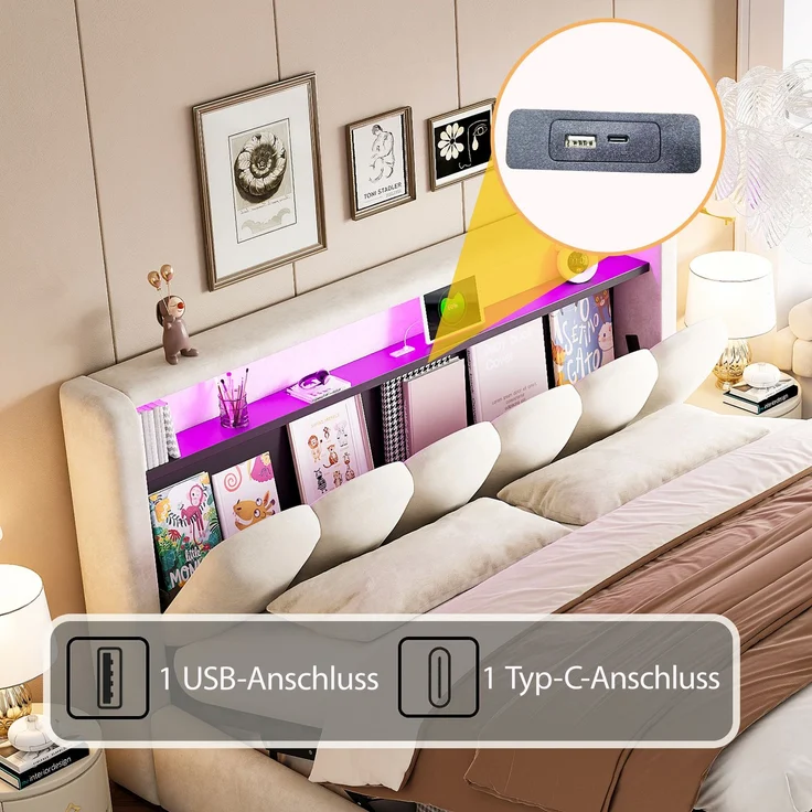 Polsterbett 180*200, Ausgestattet mit hydraulischer Staufunktionund Stauraum im Kopfteil, Doppelbett, Samtstoff,mit USB- und Typ-C-Anschlüssen, mit LED, weichem Samtstoff und Blütenblattdesign,Beige ( – Bild 5