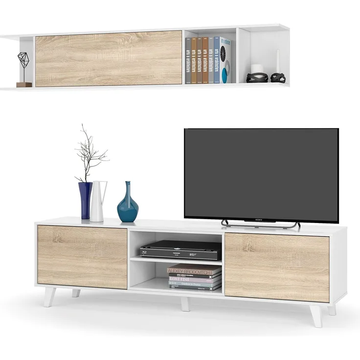 Dmora - Buffalo-Wandsystem, TV-Ständer, Wohnzimmermöbel, Wohnzimmerkomposition mit Schrankwand, 180 x 41 x 51 cm, Weiß und Eiche