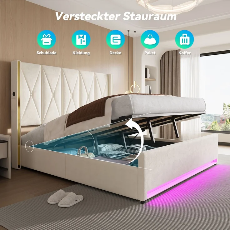 LVHOM Polsterbett mit Stauraum, Doppelbett mit LED, USB-Anschlüsse und Seitentaschen, Funktionbett, 180x200 cm, Beige – Bild 4