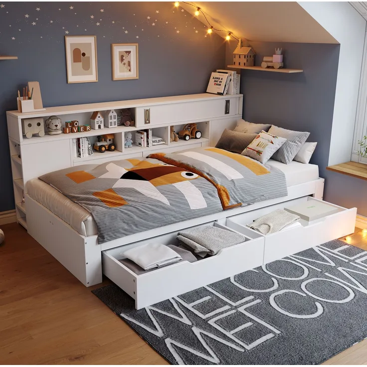 CHICFURN Bett aus MDF Weiß 140x190 cm mit 2 Schubladen und Stauraum