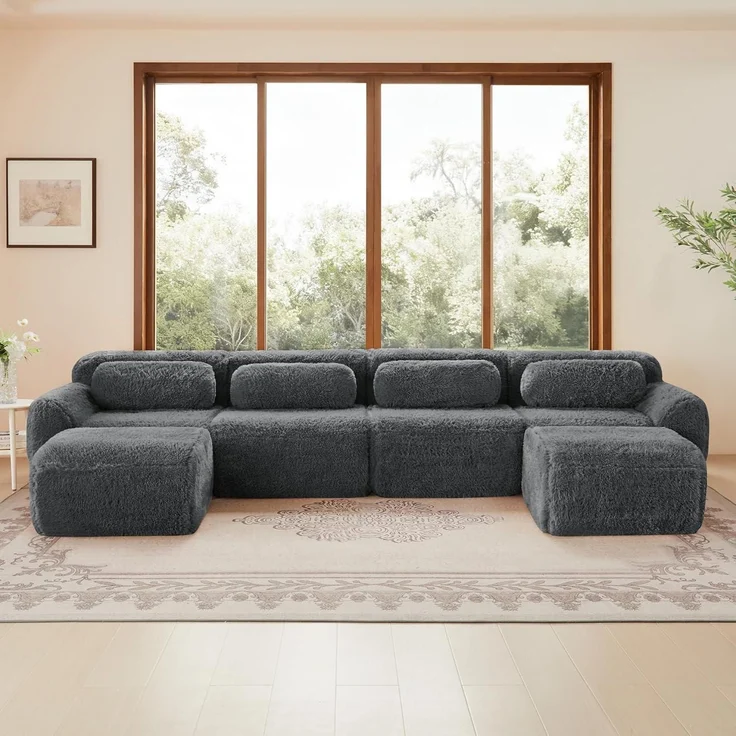 Sofa 4 Sitzer 2 Hocker U Form Kissen Grau 4-Sitzer Sofa + 2 Hockern – Bild 4